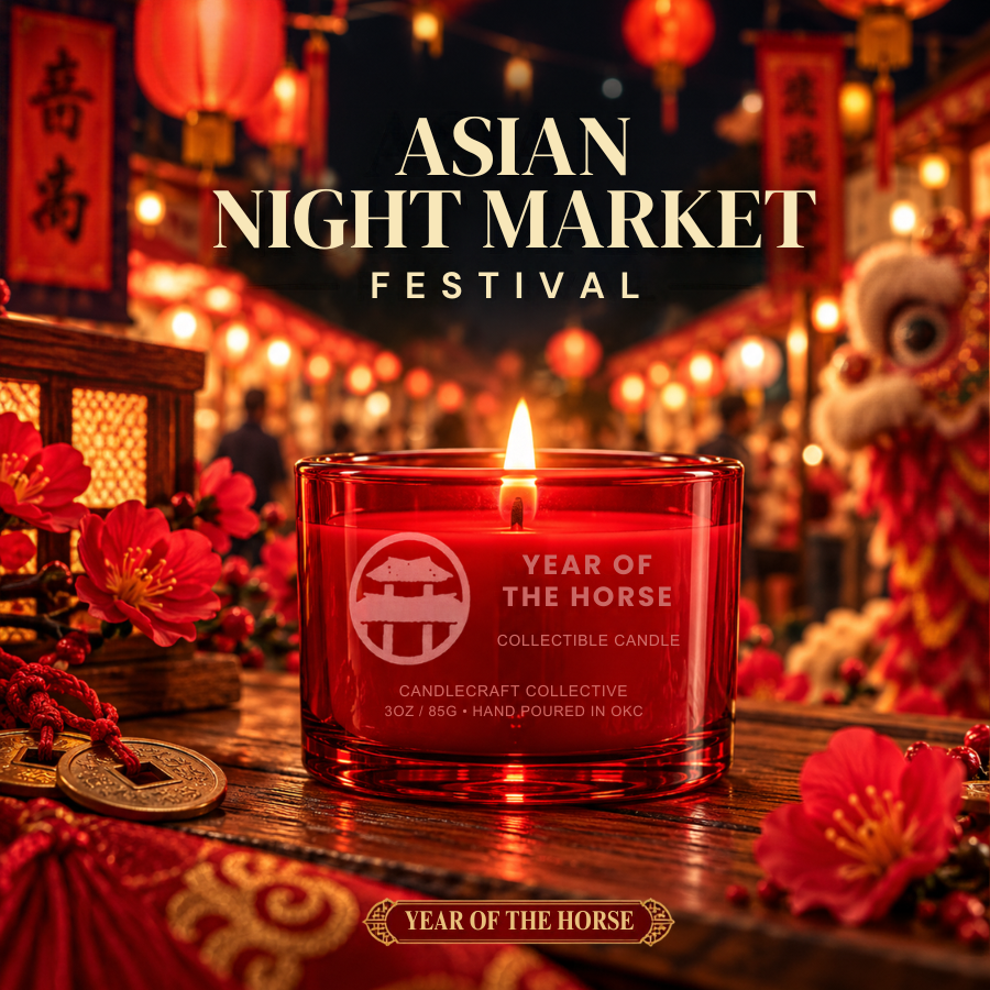 A red glass jar candle labeled 'YEAR OF THE HORSE' and 'COLLECTIBLE CANDLE' sits on a wooden surface in a festive Asian night market scene with lanterns, red flowers, and warm lights. Large text at the top reads 'ASIAN NIGHT MARKET FESTIVAL'.
