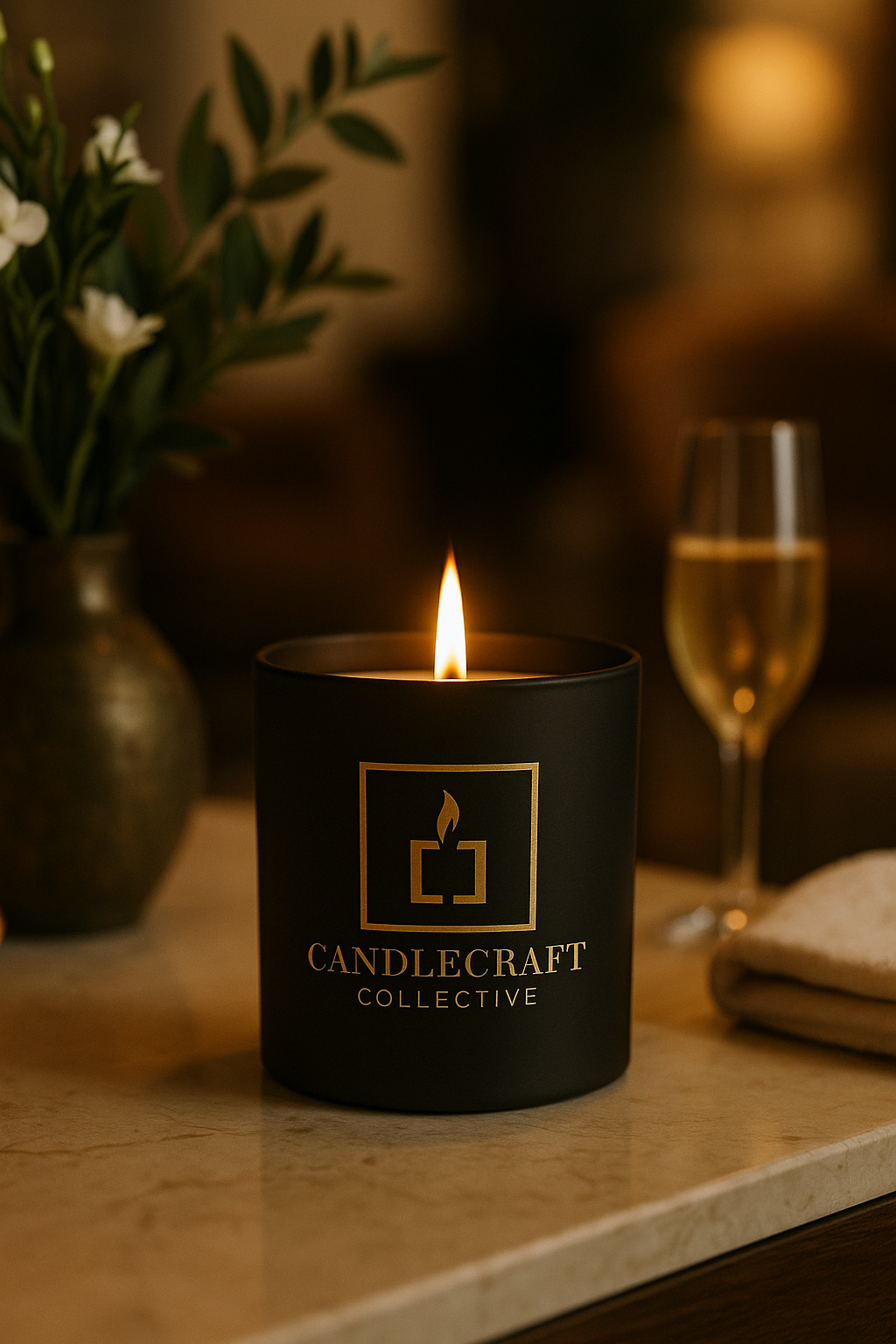 CandleCraft Collective - Your Brand, Your Scent - Editorial image with black matte candle with logo in a hotel or spa setting with a glass of champagne
