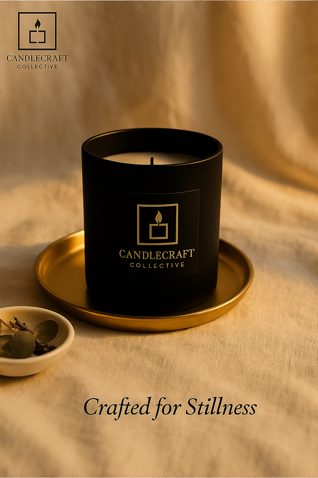 Black candle with 'Candlecraft Collective' logo on a gold tray with a soft background