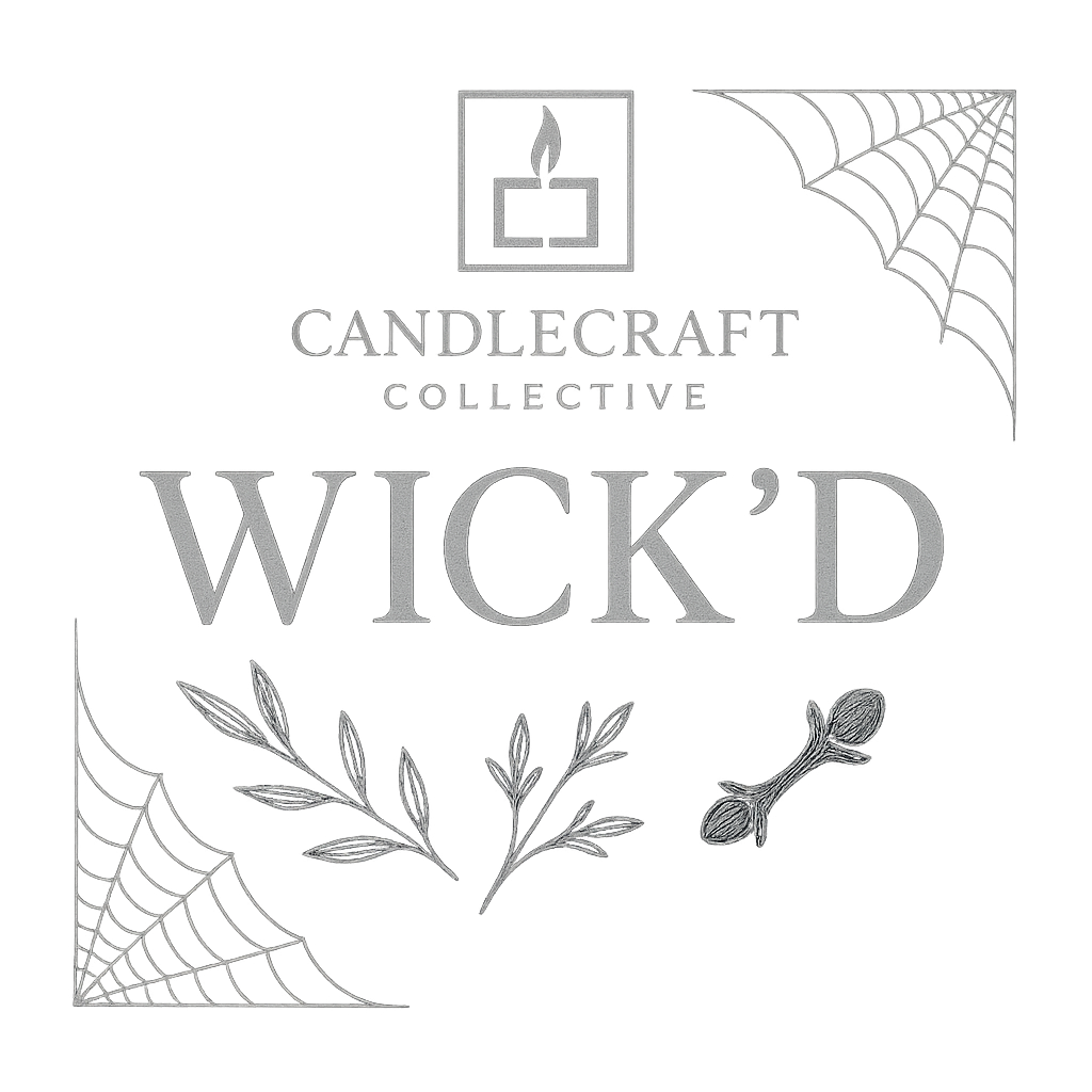 Logo of Candlecraft Collective with 'Wick'd' text and decorative elements on a transparent background