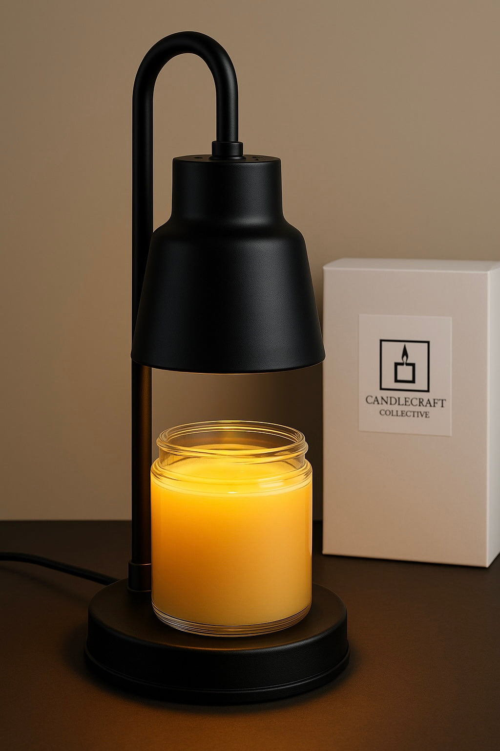 Black lantern-style candle holder with a lit candle inside, next to a box labeled 'CandleCraft Collective'.