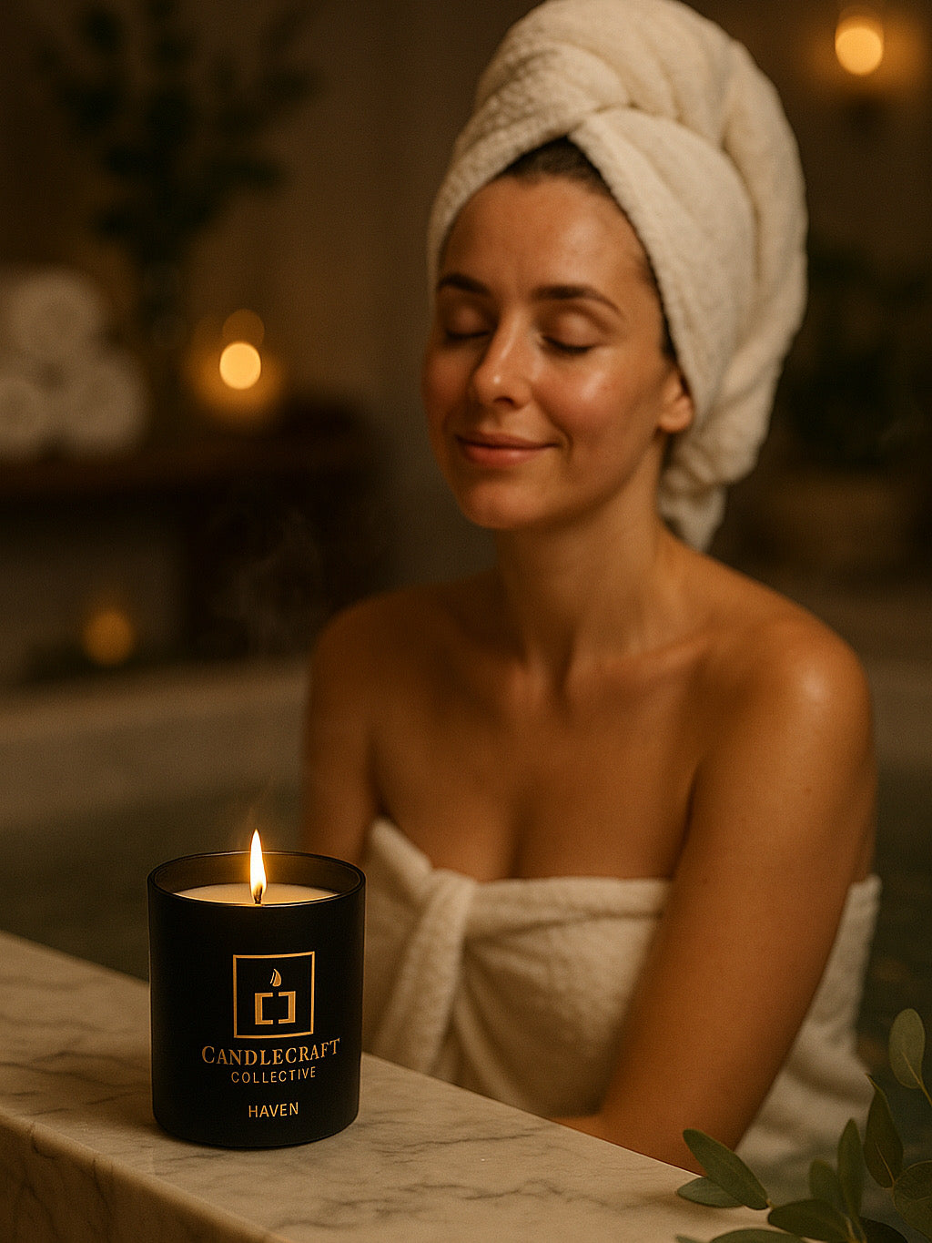 Woman with a towel wrapped around her head, sitting in a spa by a lit candle with 'Candlecraft Collective' branding.