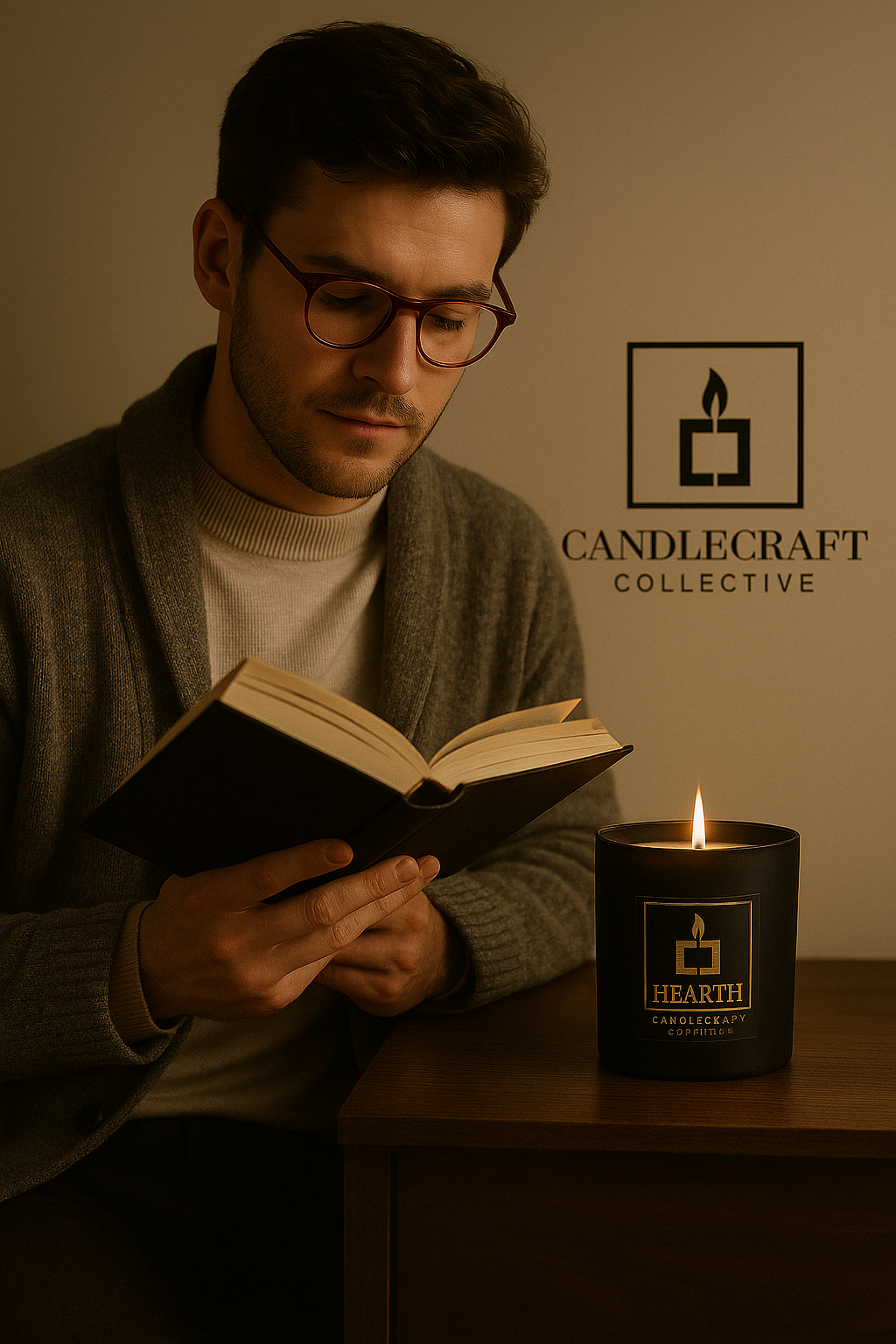 Man reading a book next to a lit candle with 'Candlecraft Collective' branding.