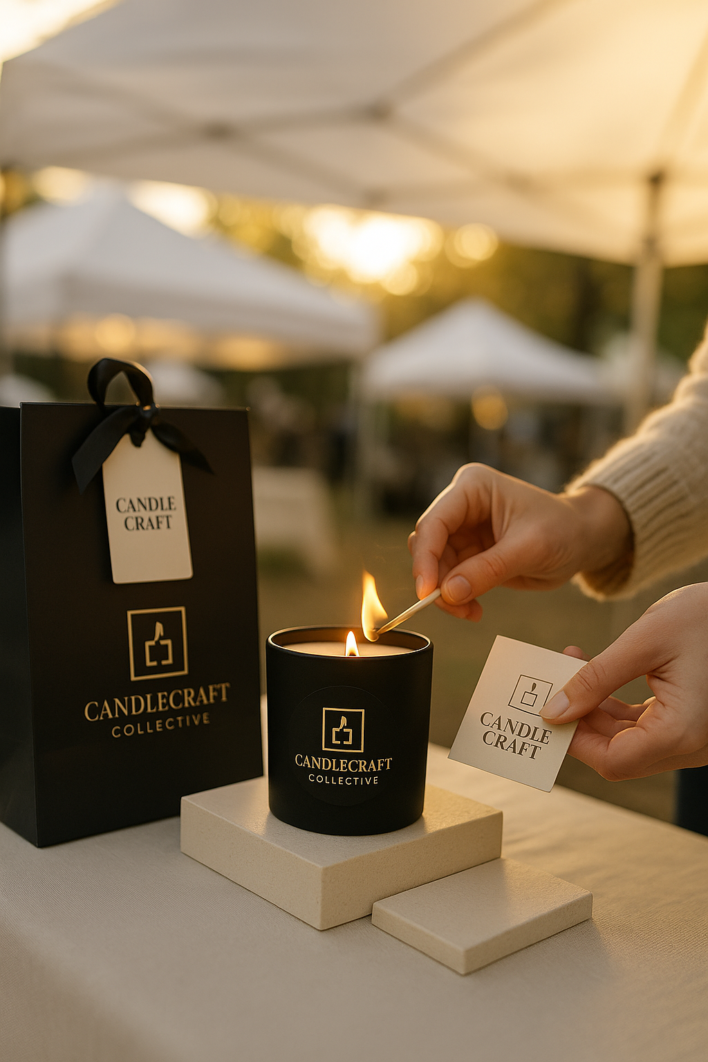 Person lighting a Candlecraft Collective candle with a match, with the brand's packaging in the background.