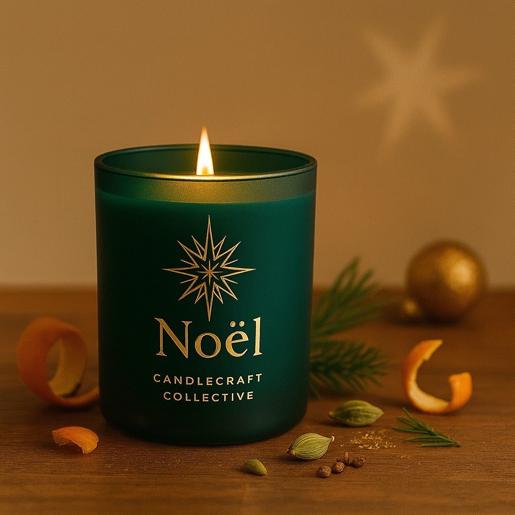 Noel Holiday Candle, frosted emerald green jar