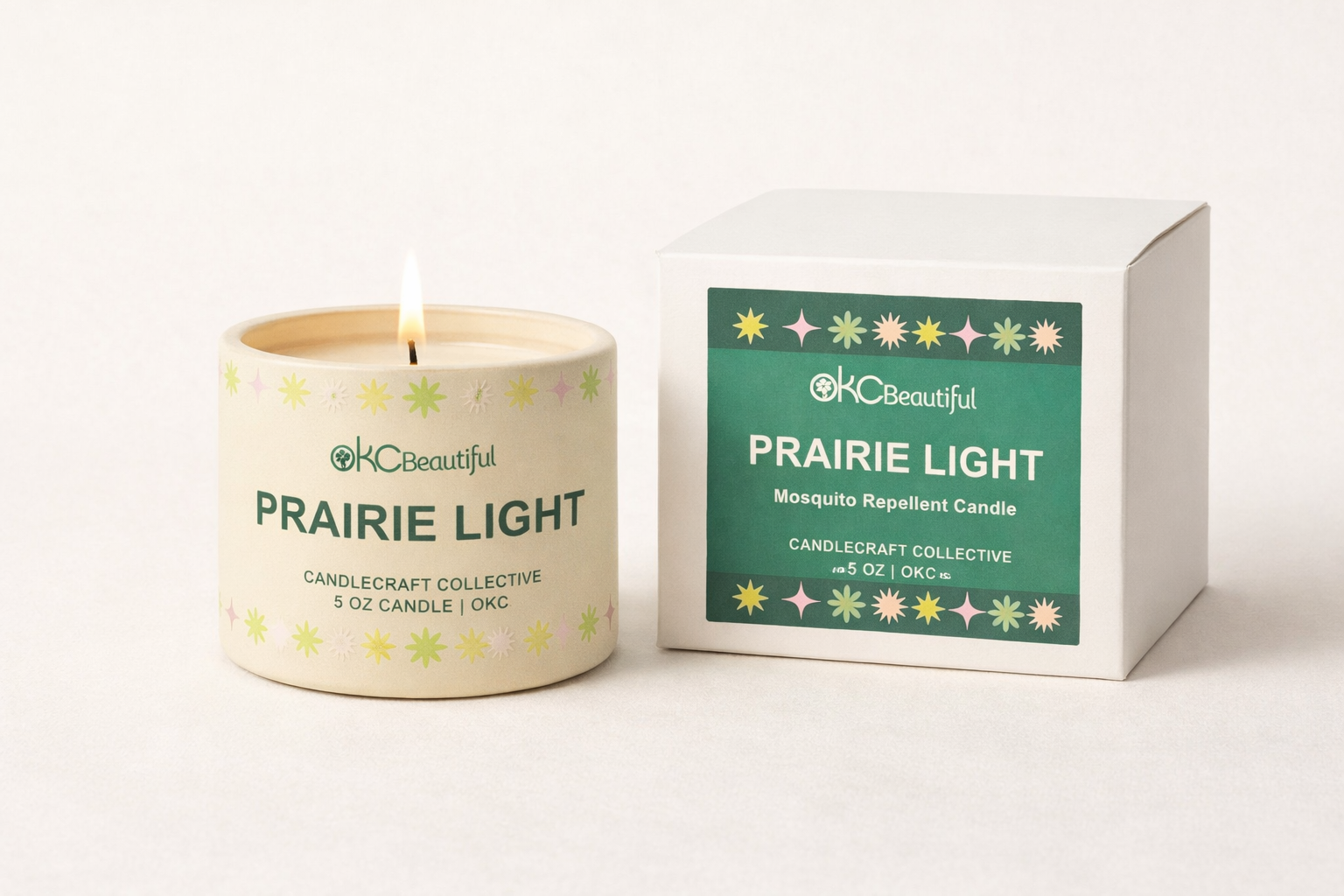 Prairie Light candle with packaging on a white background