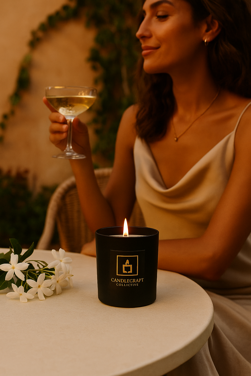 Woman holding a glass of white wine next to a candle with 'CandleCraft Collective' branding.