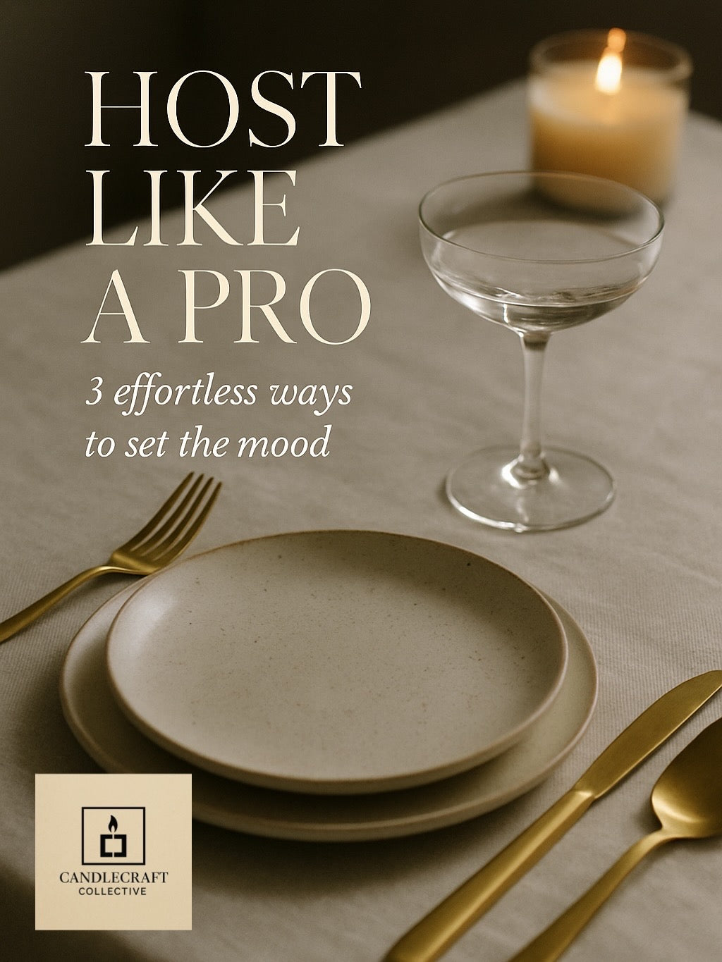 Table setting with plates, glasses, and cutlery on a tablecloth with 'Host Like a Pro' text.