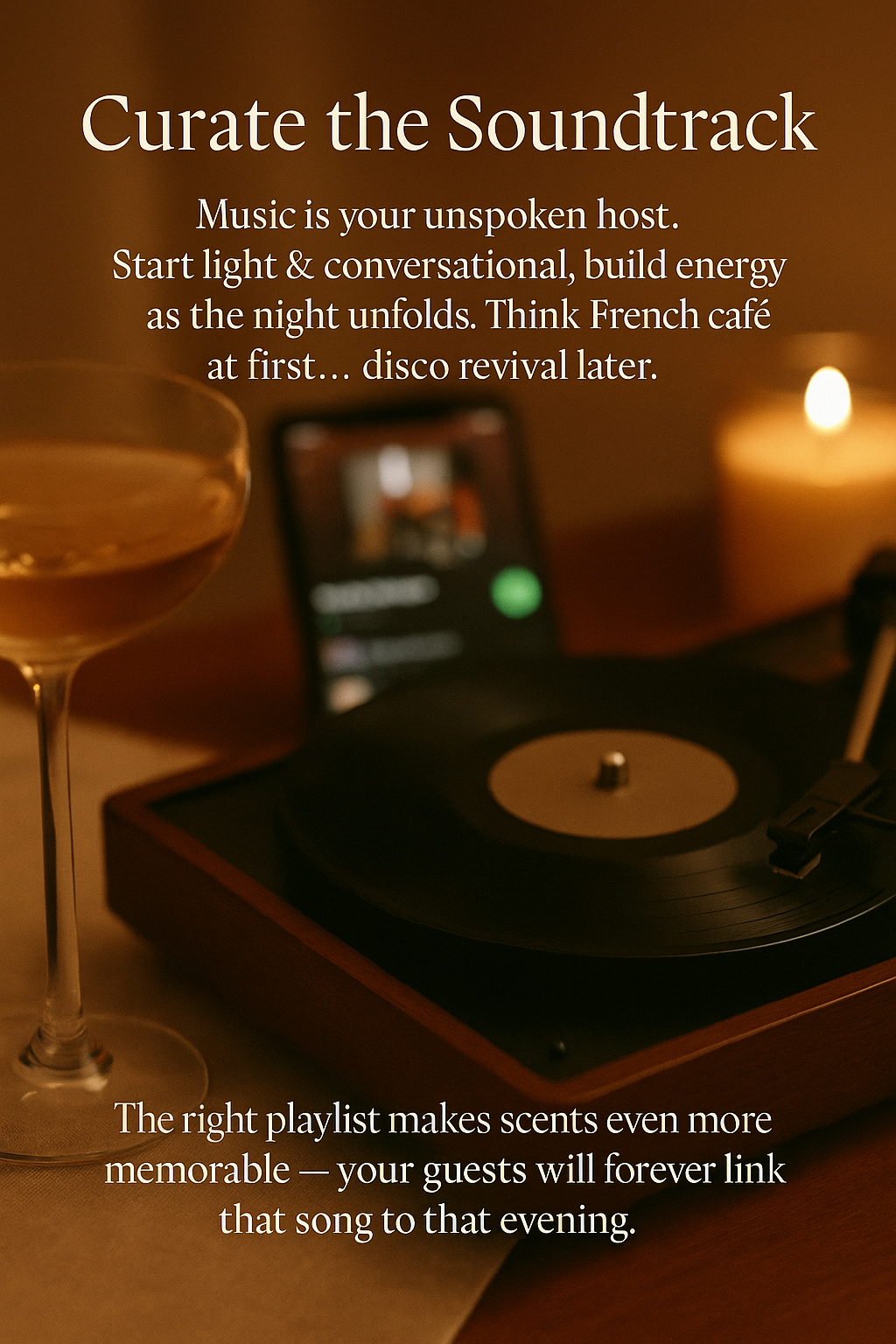Vinyl record player with a glass of wine and candle, text about music and playlists.