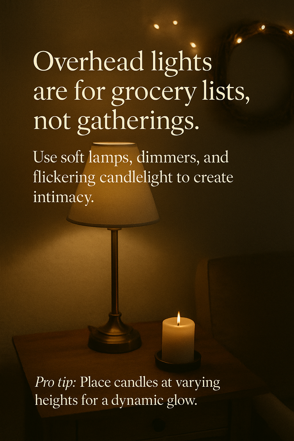 Lamp and candle on a table with text about lighting for intimacy.