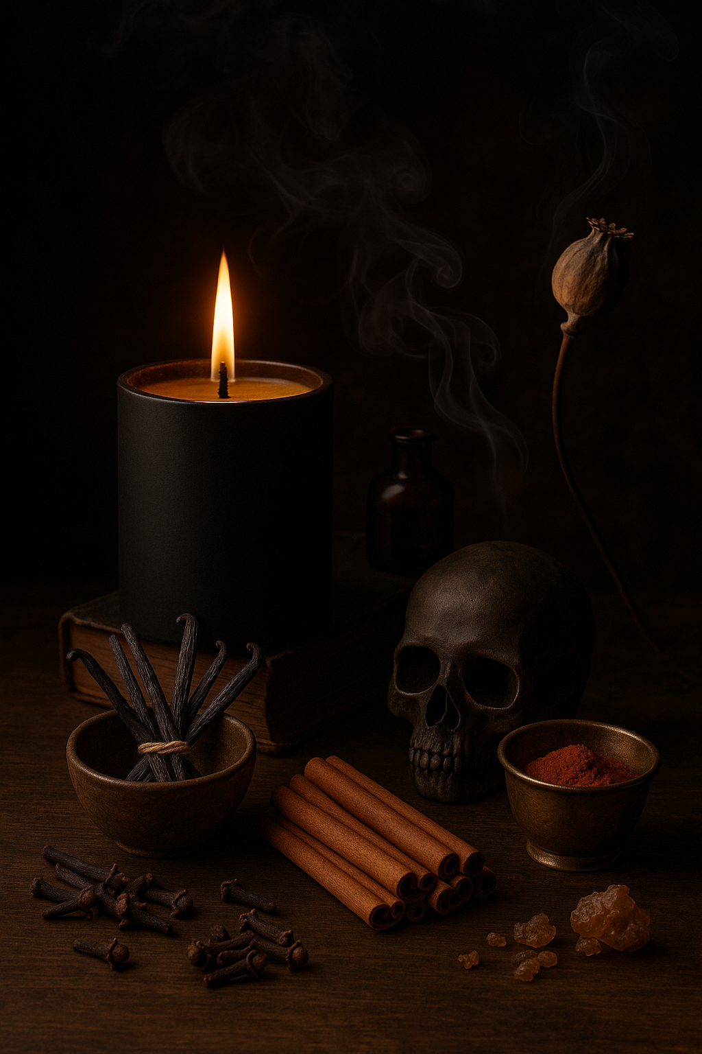Dark still life with a candle, skull, cinnamon sticks, and dried herbs on a dark background