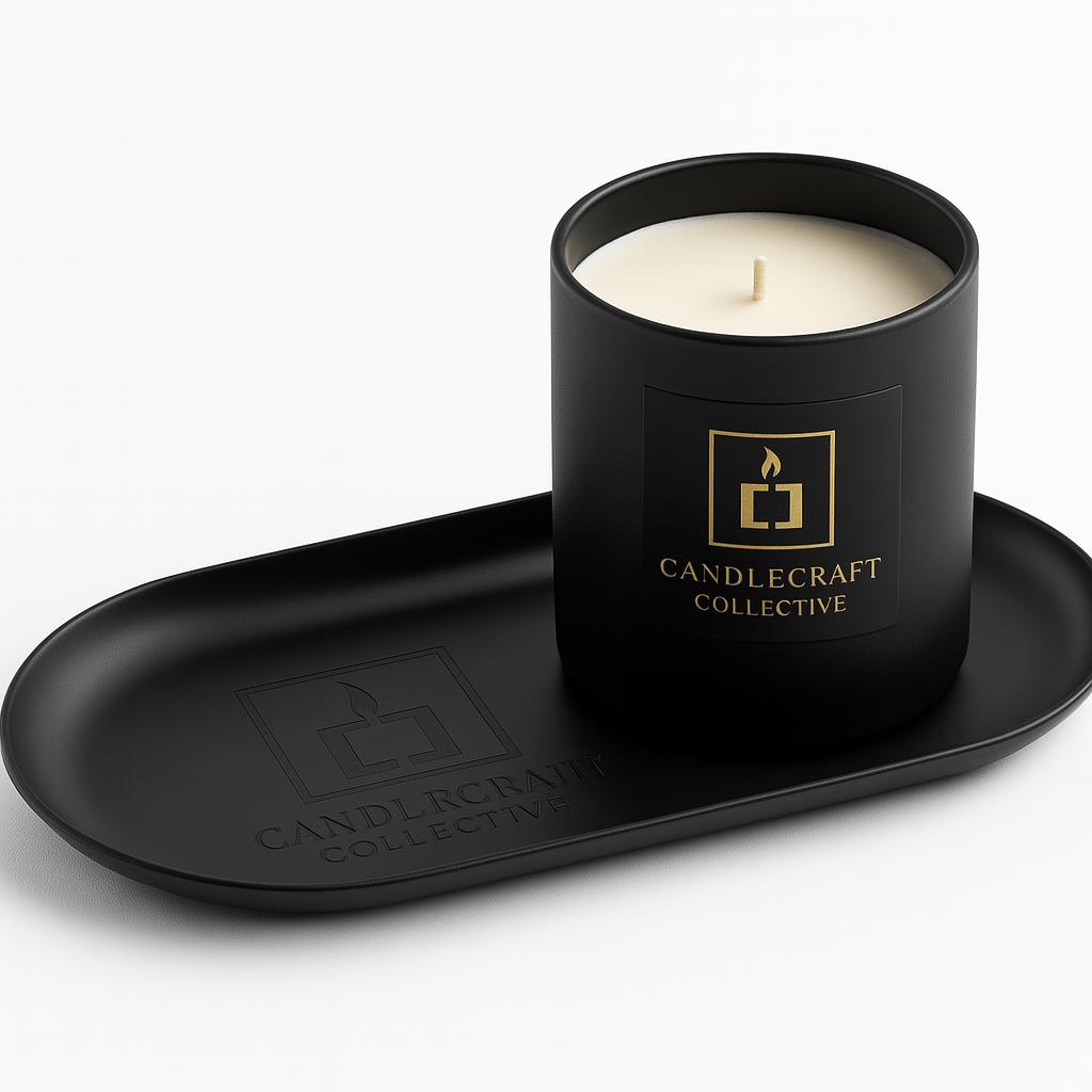 Black candle with 'Candlecraft Collective' logo on a matching black tray.