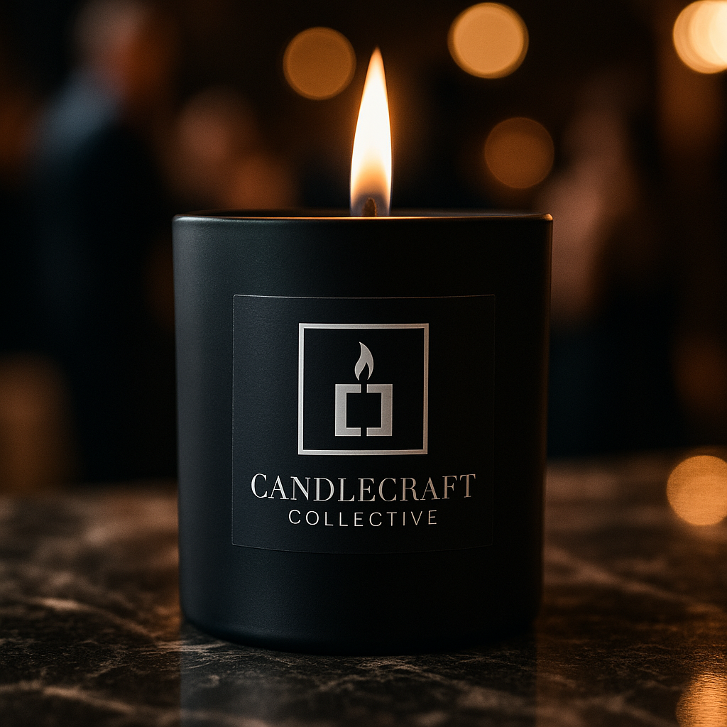 CandleCraft Collective Black Matte Candle lit in a soft light setting