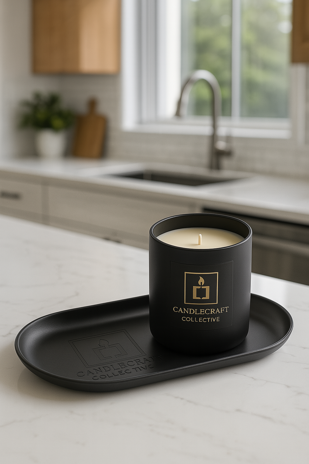Black candle with 'Candlecraft Collective' branding on a black tray in a kitchen setting.