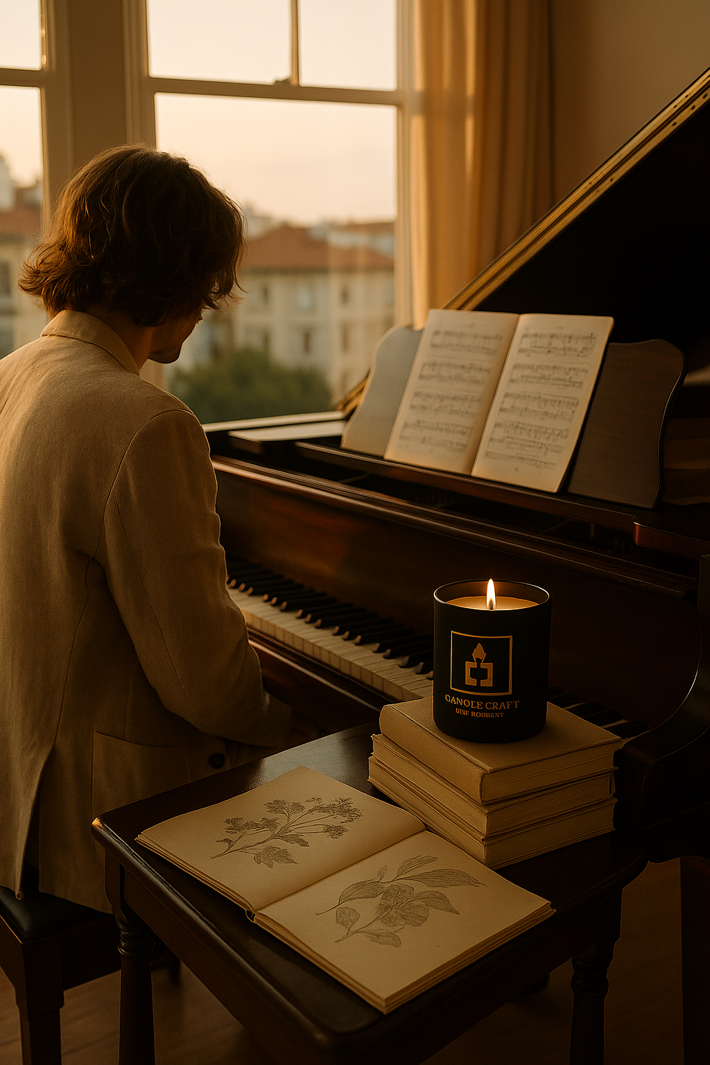 Person playing a piano with a candle and books on the bench