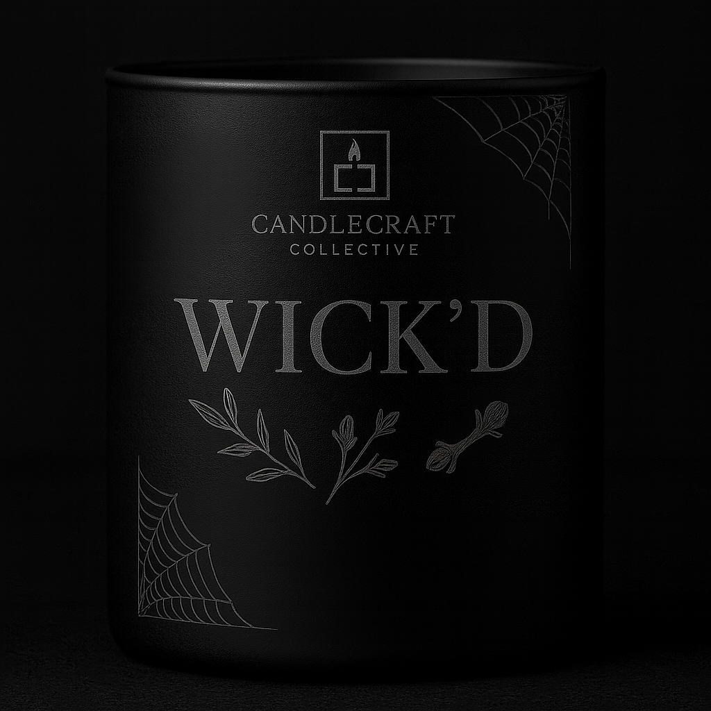 Black candle packaging with 'Candlecraft Collective' branding and 'Wick'd' text on a dark background