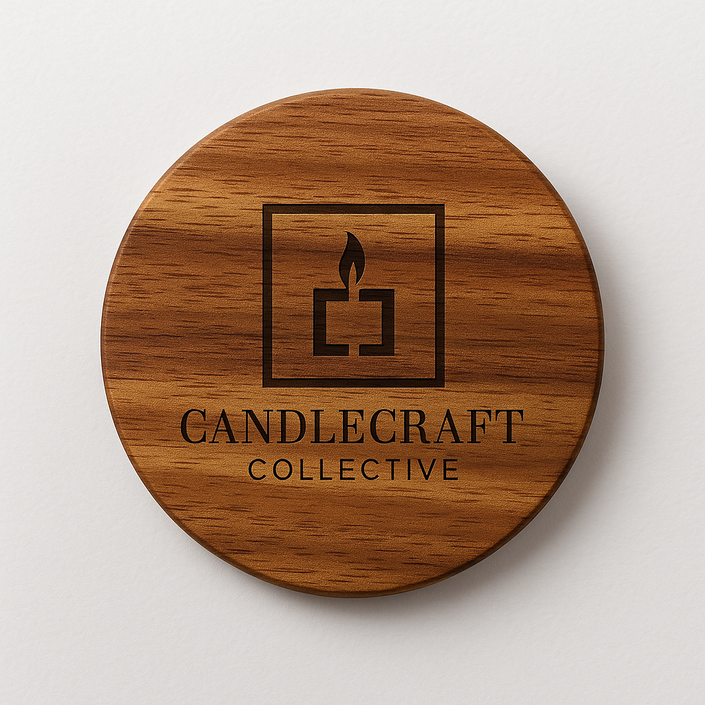 Wooden coaster with 'Candlecraft Collective' logo on a white background